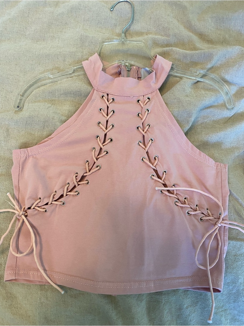 Pink Lace-Up Halter Crop Top